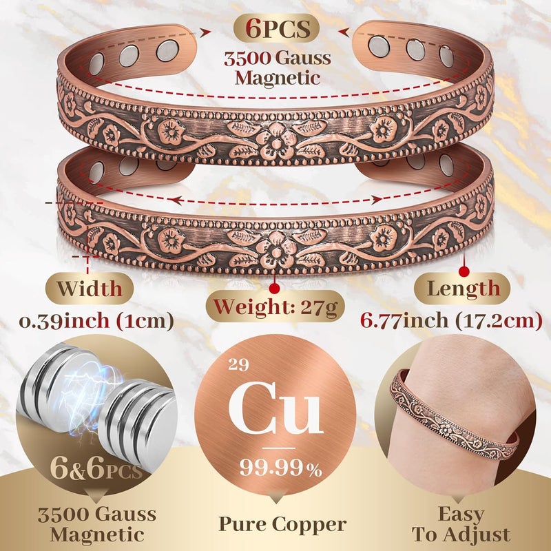 Auramag Copper Bracelets for Women, 99.99% Pure Copper Cuff Bangle with 3500 Gauss Magnets, Adjustable Jewelry with Gift Box(Set of 2) - Image 4